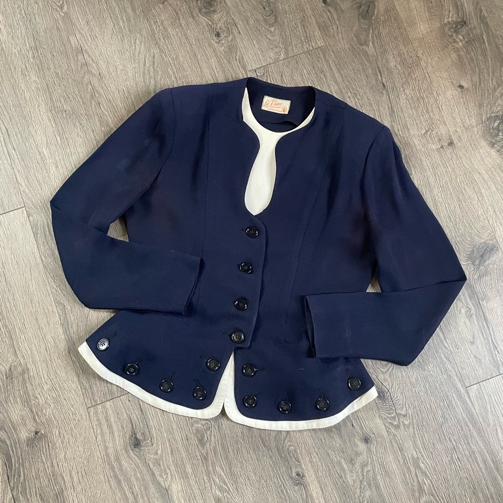 1940’s Navy Blue White LenVine Originals Peplum Blazer w/ Builtin Blouse Buttons